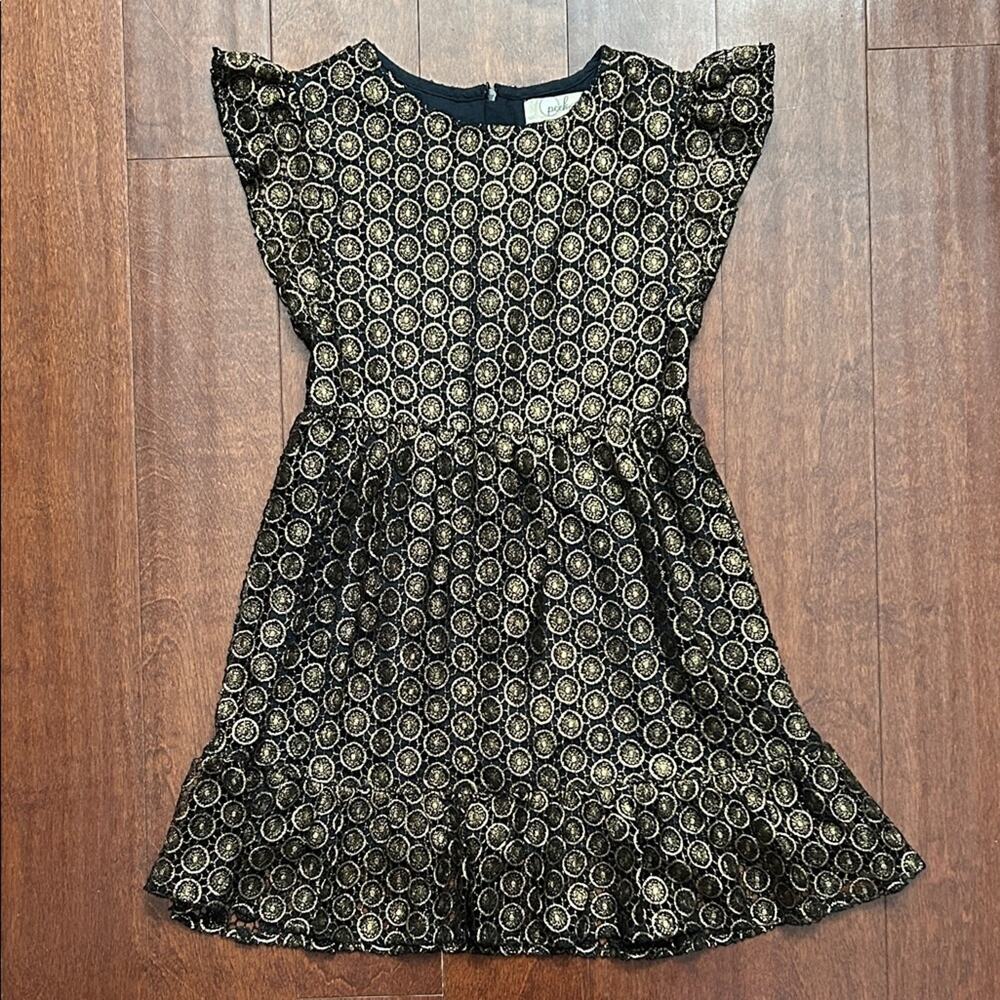 Peek Kids Occasion Dress in Black and Bronze-y Gold Circles, Size 10/XL
